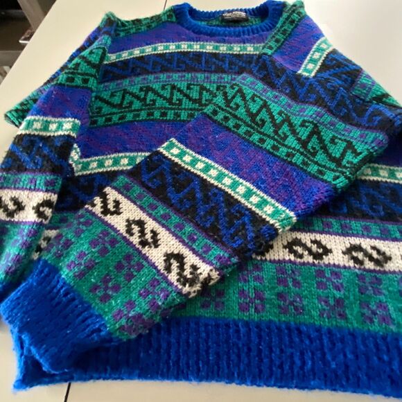 Vintage Multicolor Pattern Wool Blend Sweater, size XL, Ski Resort, Cabincore - Picture 3 of 8